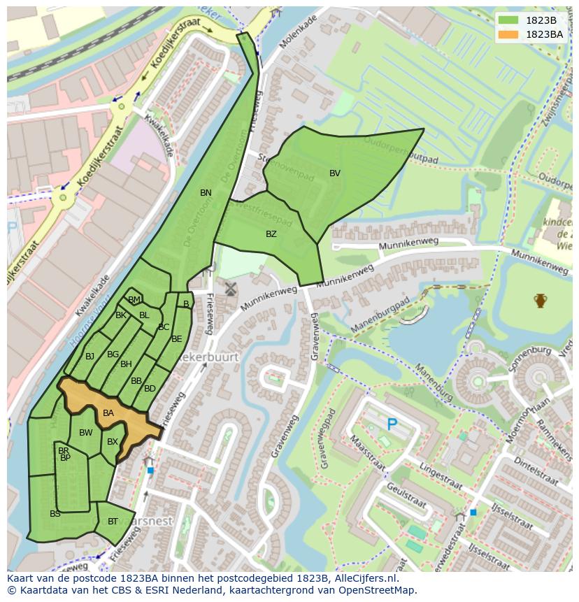 Afbeelding van het postcodegebied 1823 BA op de kaart.