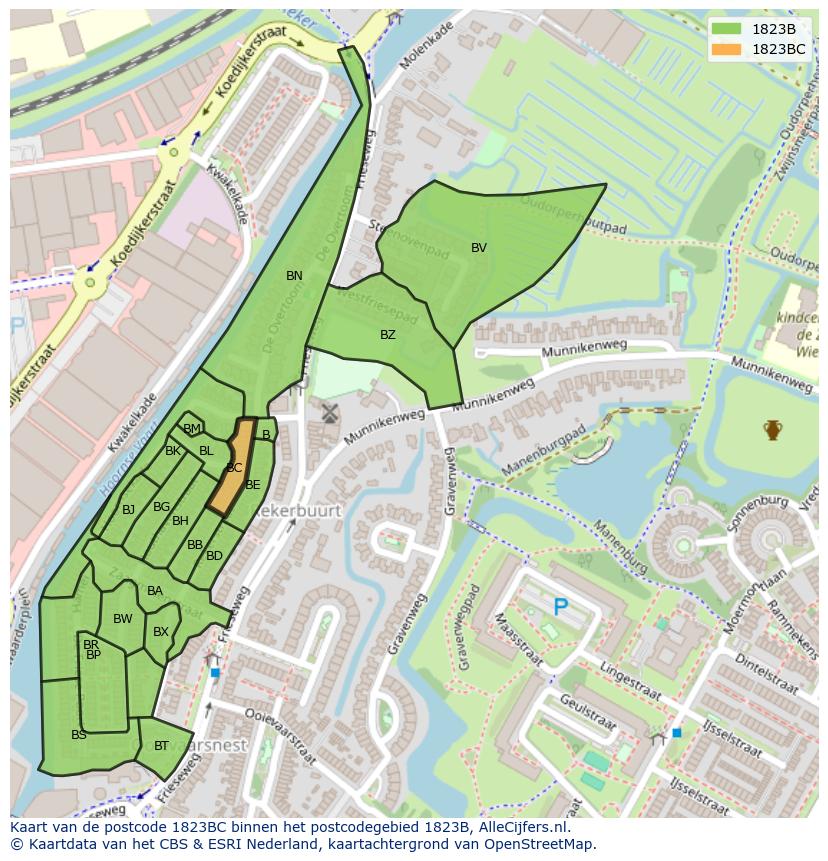 Afbeelding van het postcodegebied 1823 BC op de kaart.