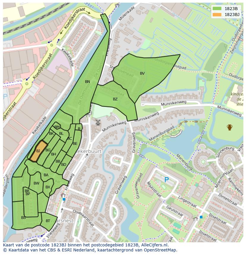 Afbeelding van het postcodegebied 1823 BJ op de kaart.
