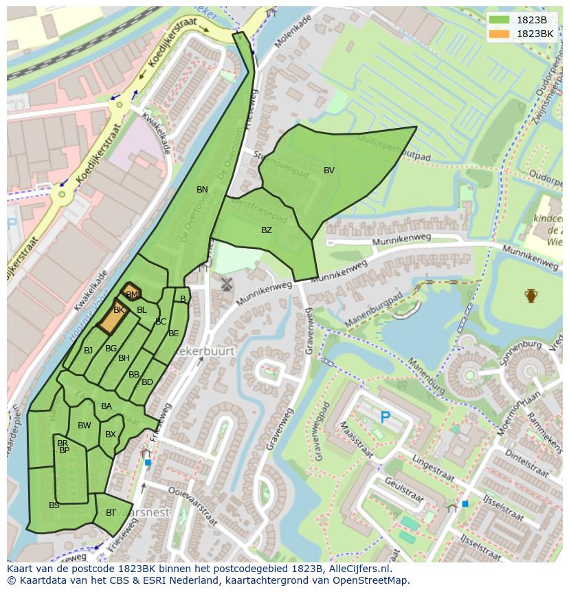 Afbeelding van het postcodegebied 1823 BK op de kaart.