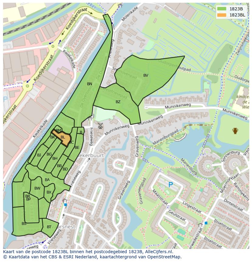 Afbeelding van het postcodegebied 1823 BL op de kaart.