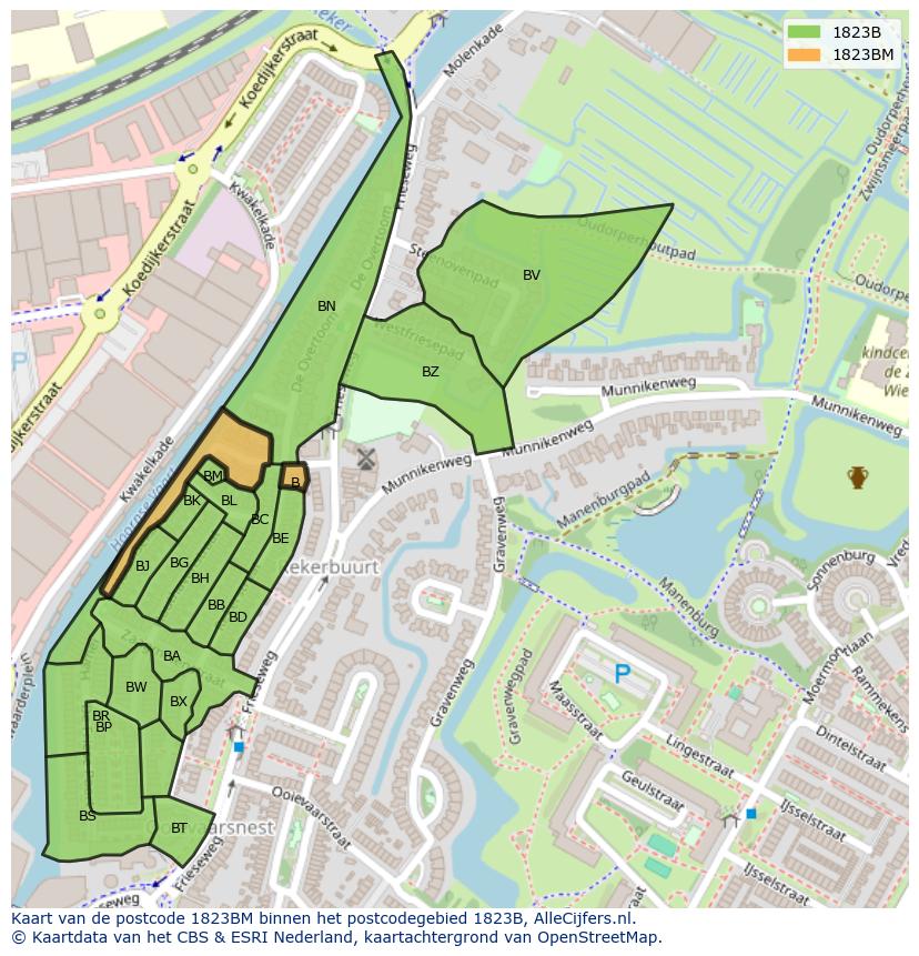 Afbeelding van het postcodegebied 1823 BM op de kaart.