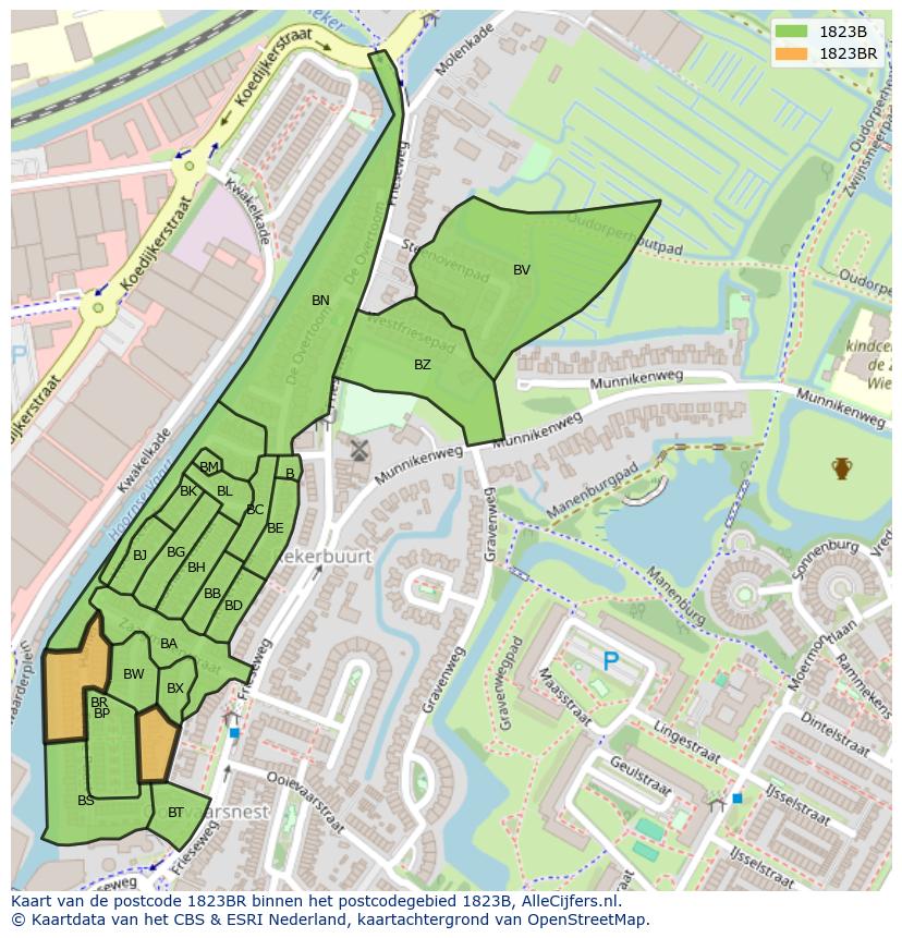 Afbeelding van het postcodegebied 1823 BR op de kaart.