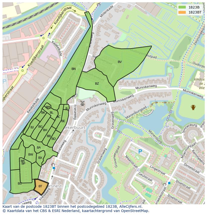 Afbeelding van het postcodegebied 1823 BT op de kaart.