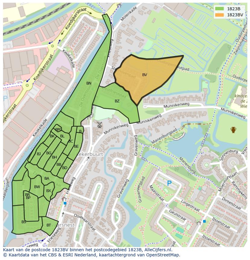 Afbeelding van het postcodegebied 1823 BV op de kaart.