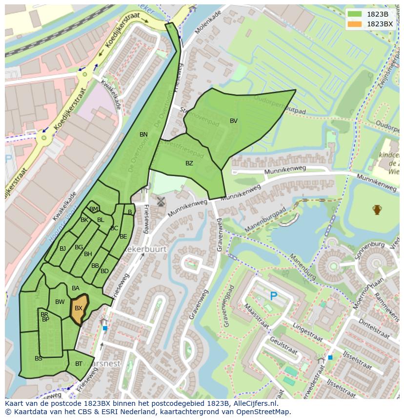 Afbeelding van het postcodegebied 1823 BX op de kaart.