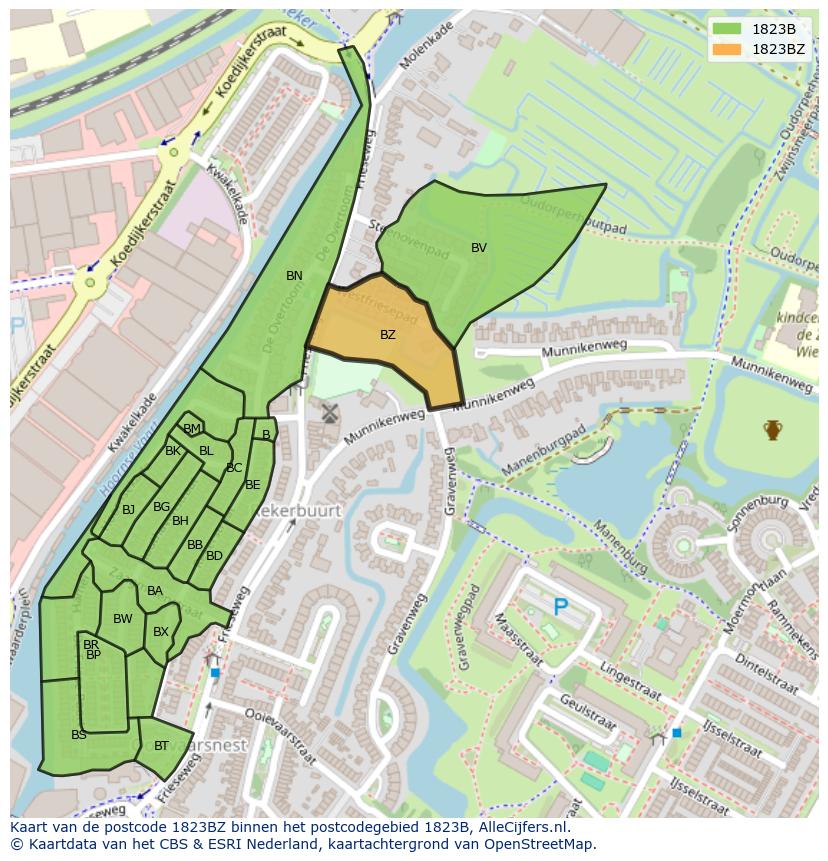 Afbeelding van het postcodegebied 1823 BZ op de kaart.