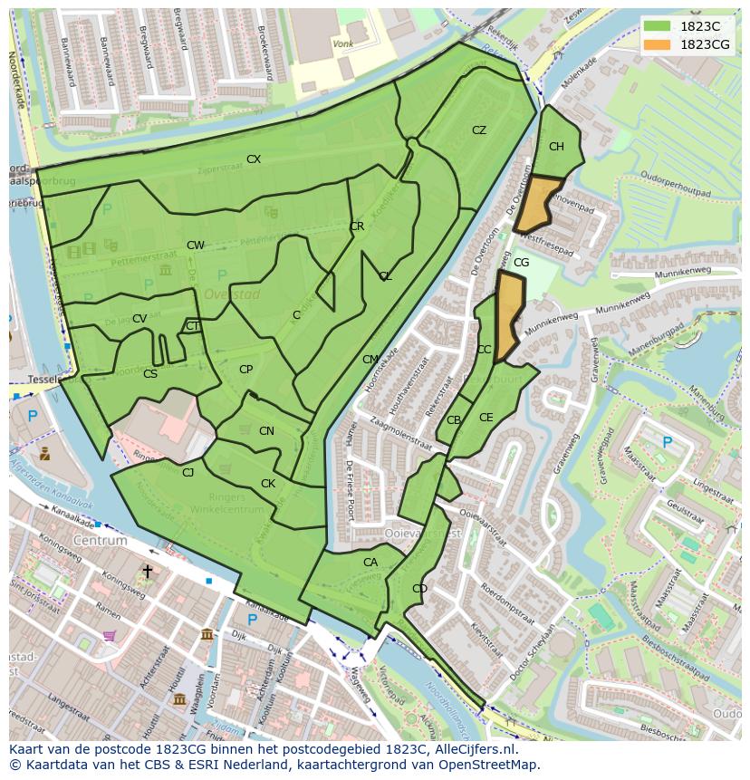 Afbeelding van het postcodegebied 1823 CG op de kaart.