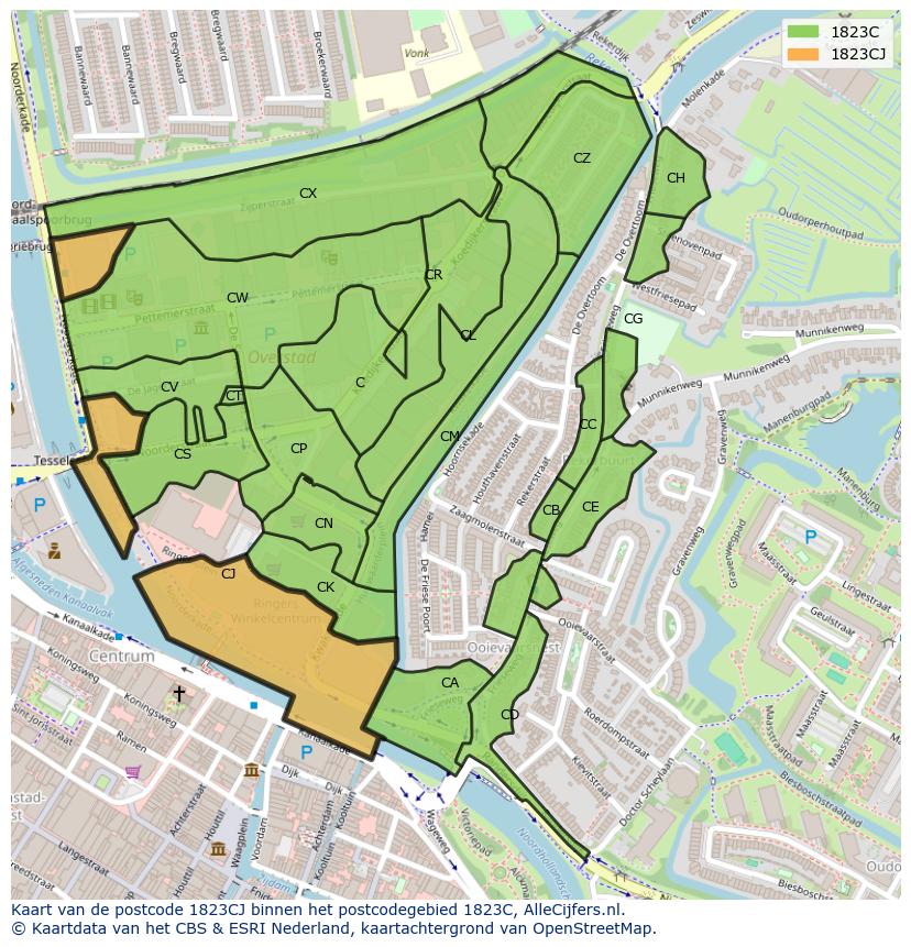 Afbeelding van het postcodegebied 1823 CJ op de kaart.