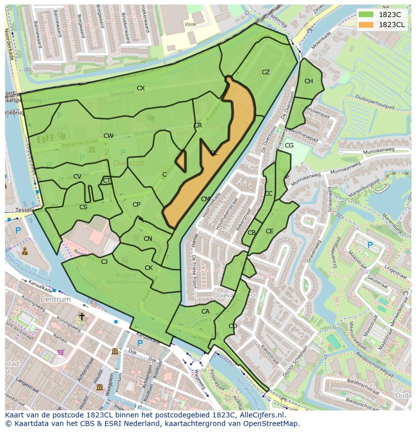 Afbeelding van het postcodegebied 1823 CL op de kaart.