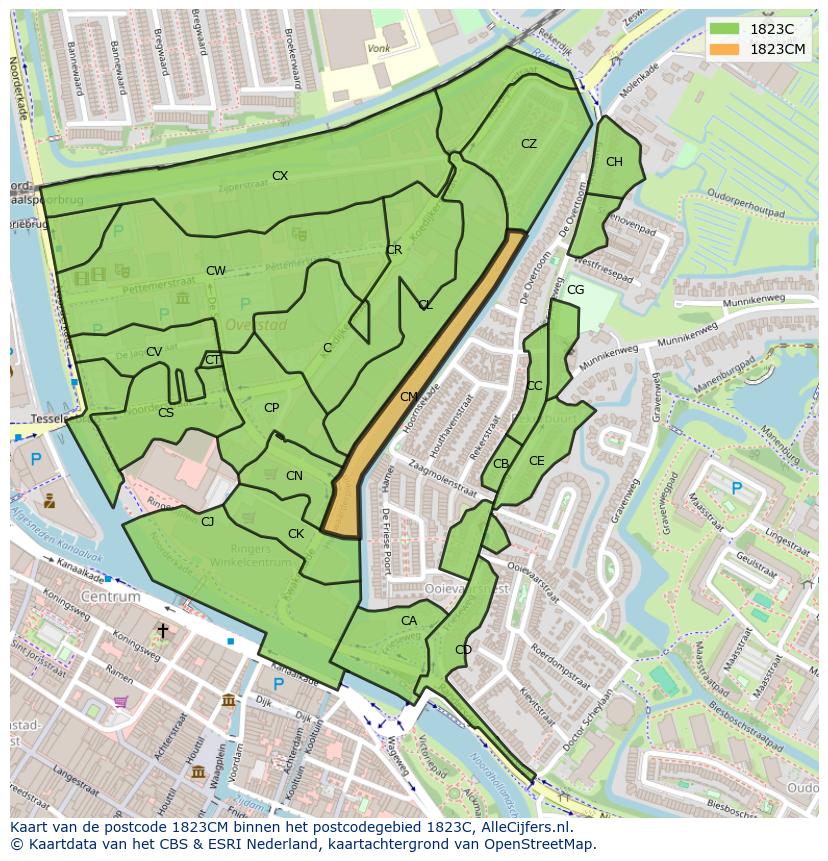 Afbeelding van het postcodegebied 1823 CM op de kaart.