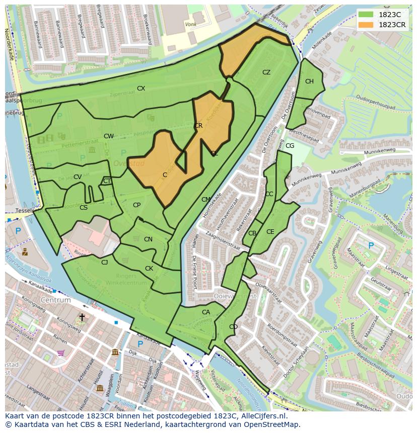 Afbeelding van het postcodegebied 1823 CR op de kaart.