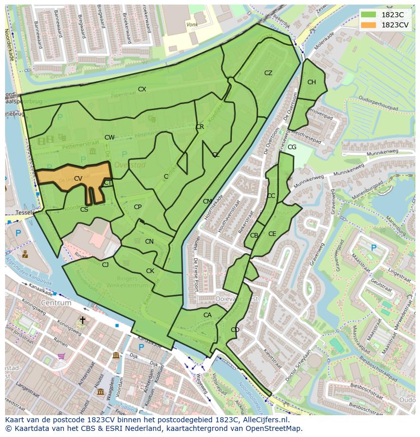 Afbeelding van het postcodegebied 1823 CV op de kaart.