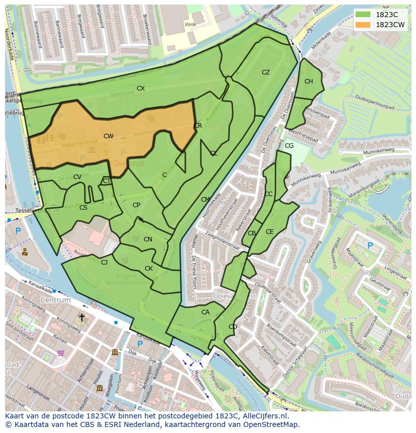Afbeelding van het postcodegebied 1823 CW op de kaart.