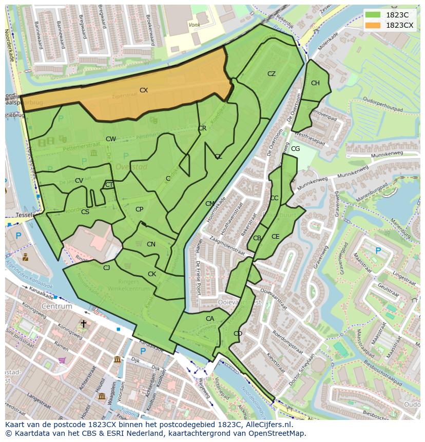 Afbeelding van het postcodegebied 1823 CX op de kaart.