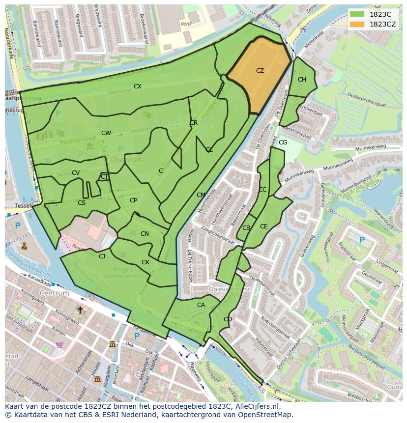 Afbeelding van het postcodegebied 1823 CZ op de kaart.