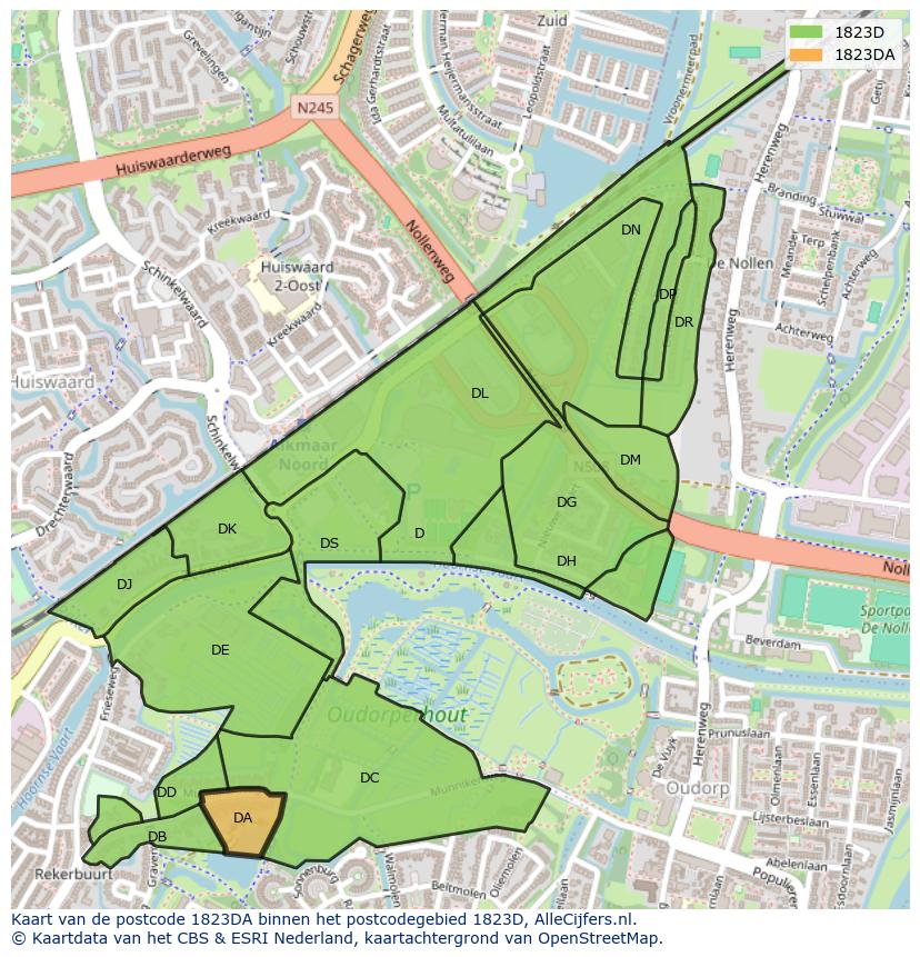 Afbeelding van het postcodegebied 1823 DA op de kaart.