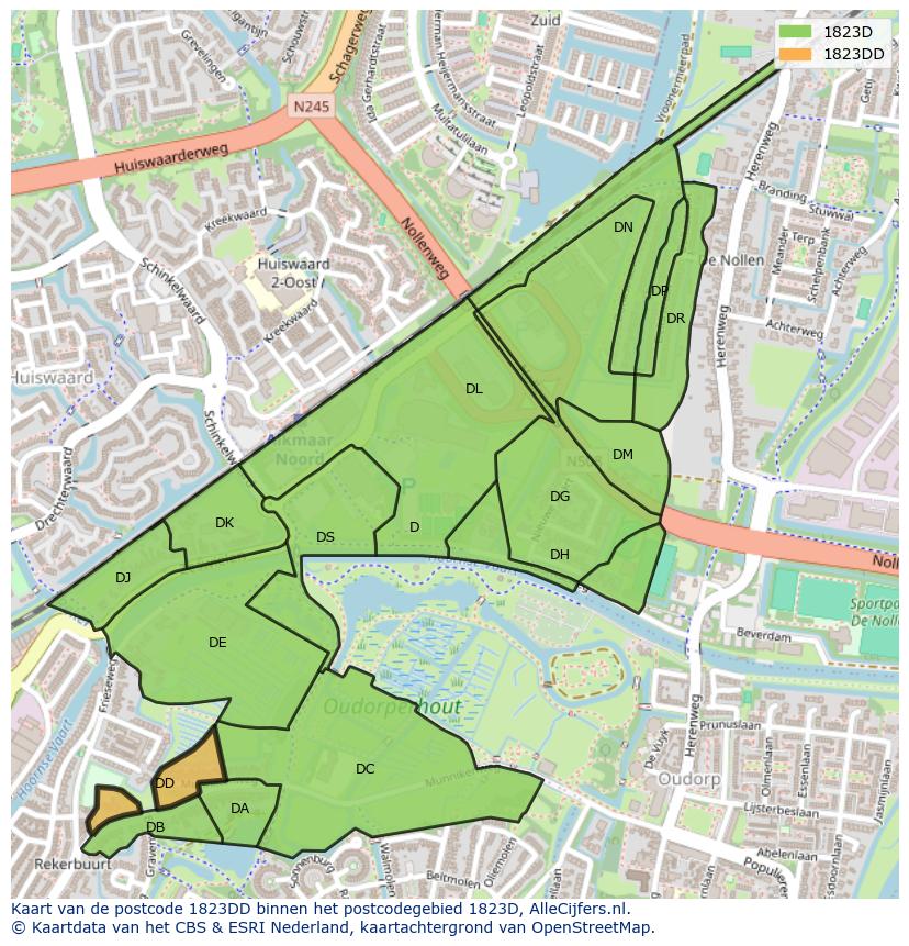 Afbeelding van het postcodegebied 1823 DD op de kaart.
