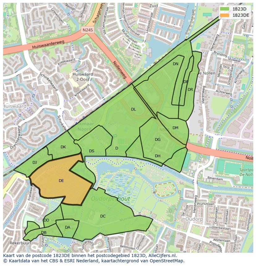 Afbeelding van het postcodegebied 1823 DE op de kaart.