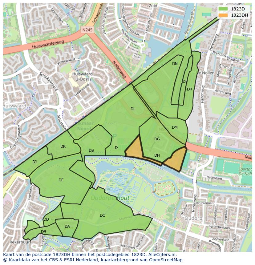 Afbeelding van het postcodegebied 1823 DH op de kaart.