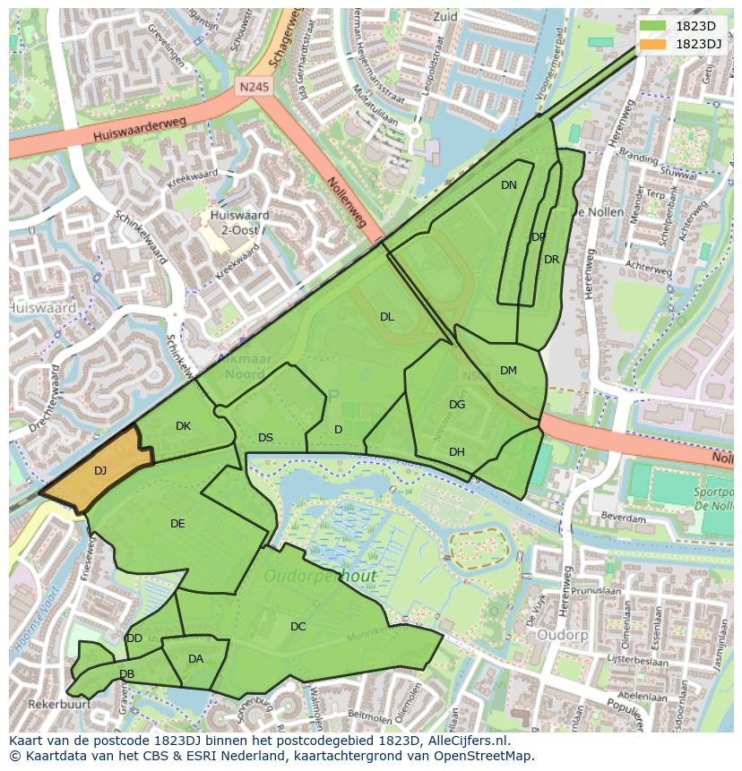 Afbeelding van het postcodegebied 1823 DJ op de kaart.