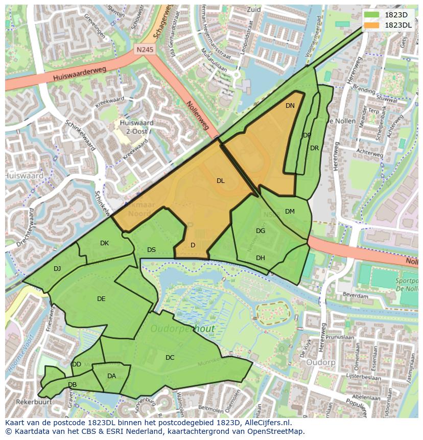 Afbeelding van het postcodegebied 1823 DL op de kaart.