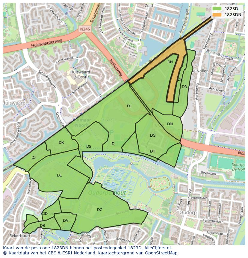 Afbeelding van het postcodegebied 1823 DN op de kaart.