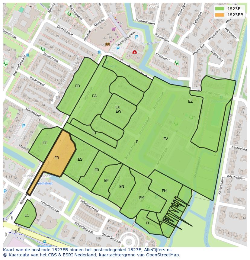 Afbeelding van het postcodegebied 1823 EB op de kaart.