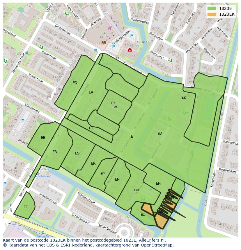 Afbeelding van het postcodegebied 1823 EK op de kaart.