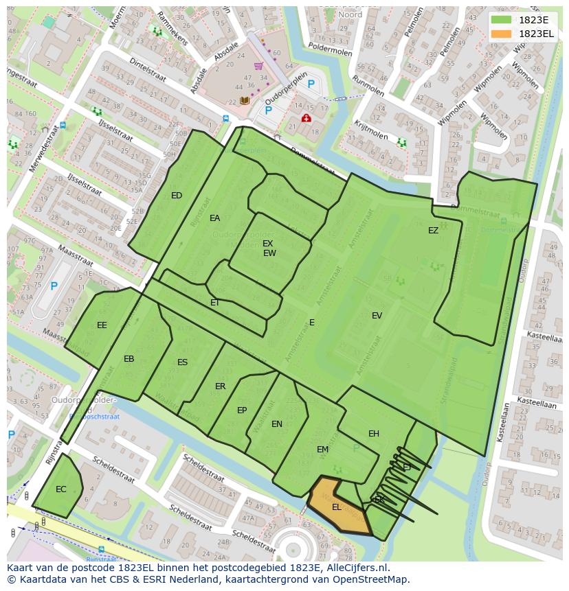 Afbeelding van het postcodegebied 1823 EL op de kaart.