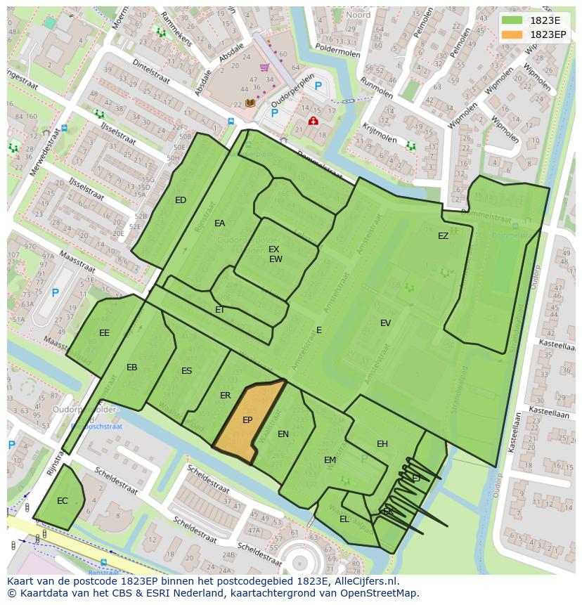 Afbeelding van het postcodegebied 1823 EP op de kaart.