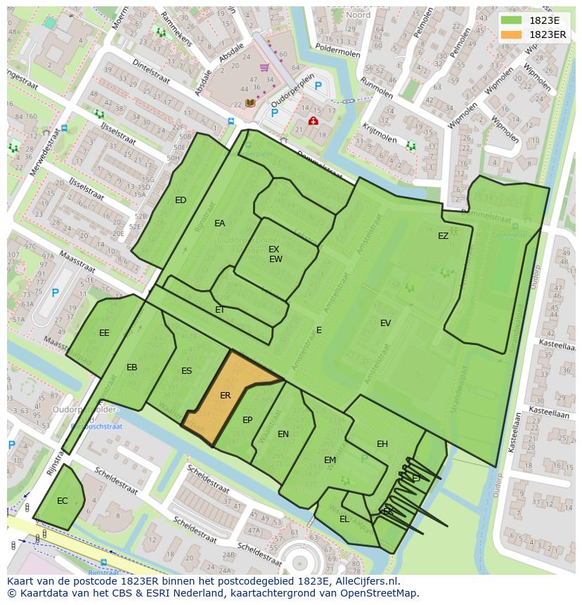 Afbeelding van het postcodegebied 1823 ER op de kaart.