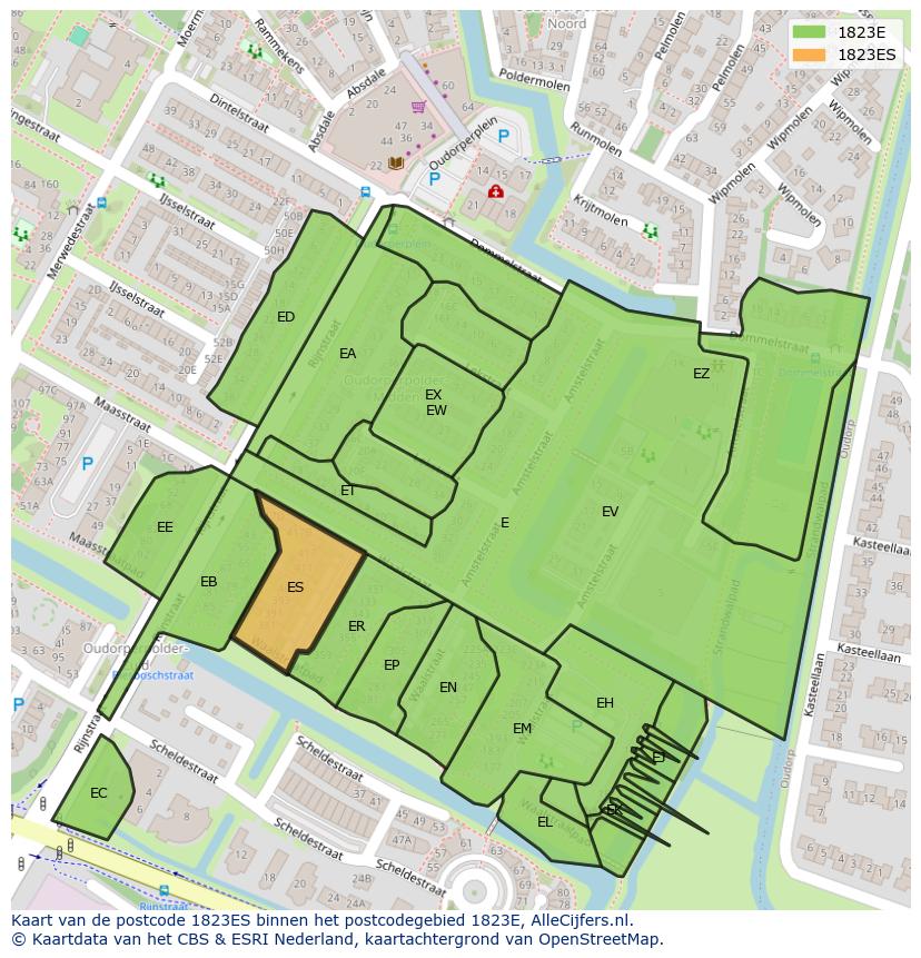 Afbeelding van het postcodegebied 1823 ES op de kaart.