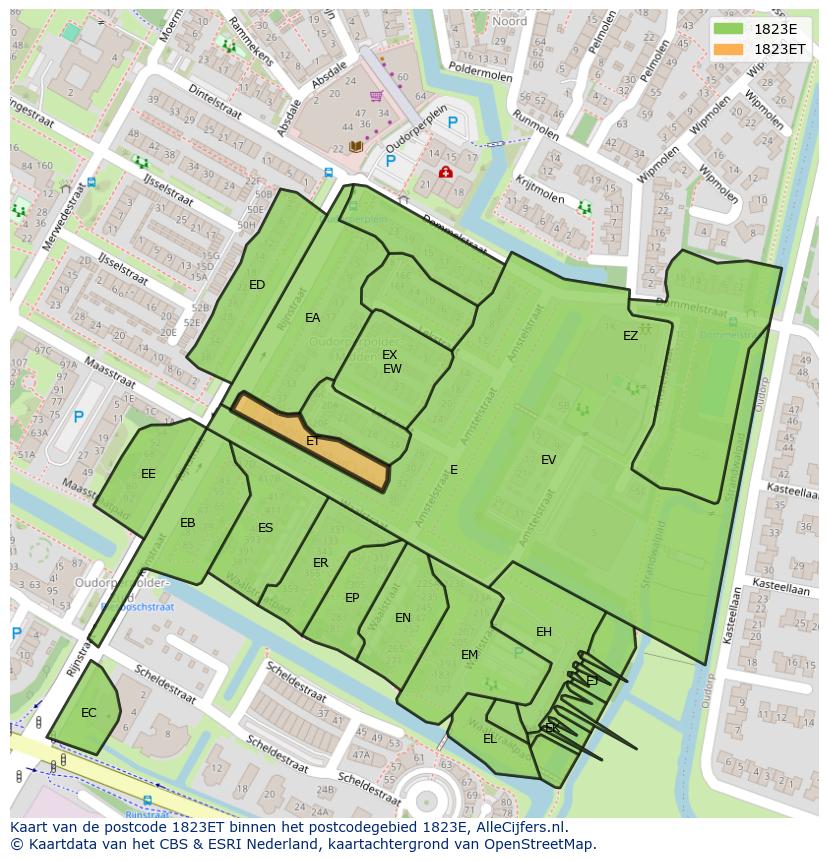 Afbeelding van het postcodegebied 1823 ET op de kaart.