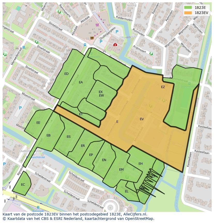 Afbeelding van het postcodegebied 1823 EV op de kaart.