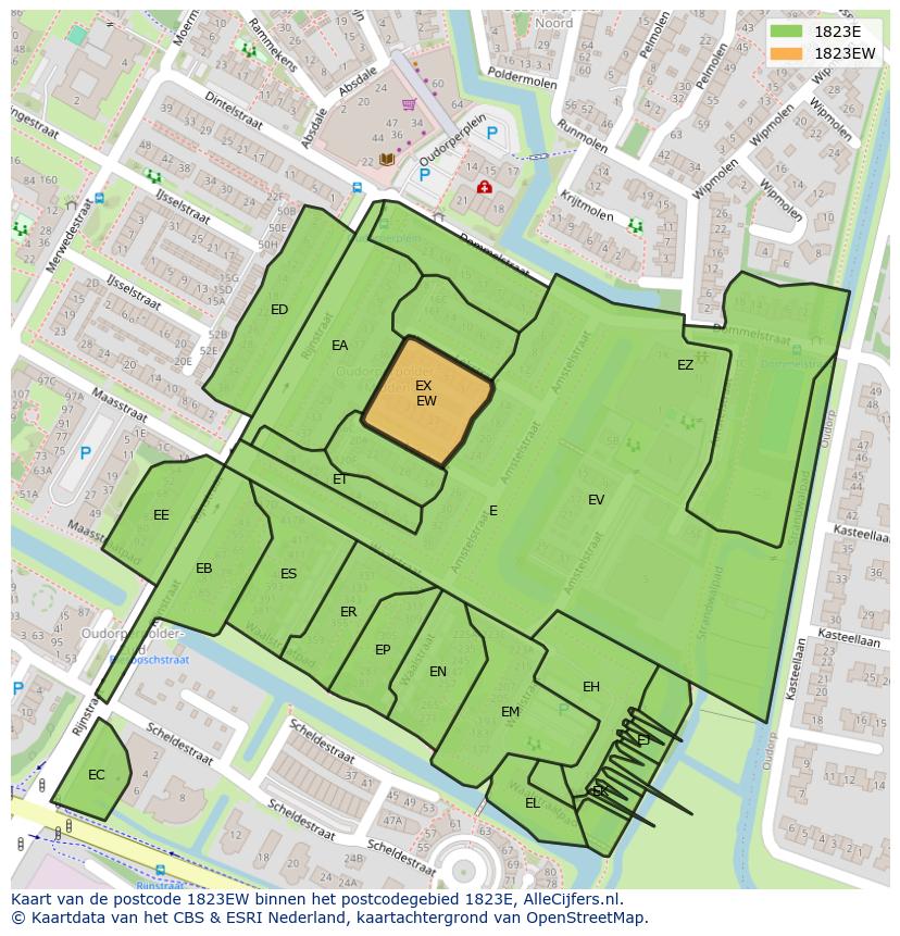 Afbeelding van het postcodegebied 1823 EW op de kaart.