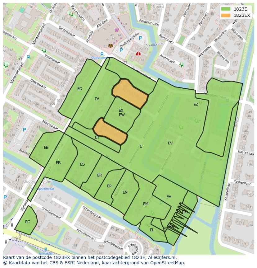 Afbeelding van het postcodegebied 1823 EX op de kaart.