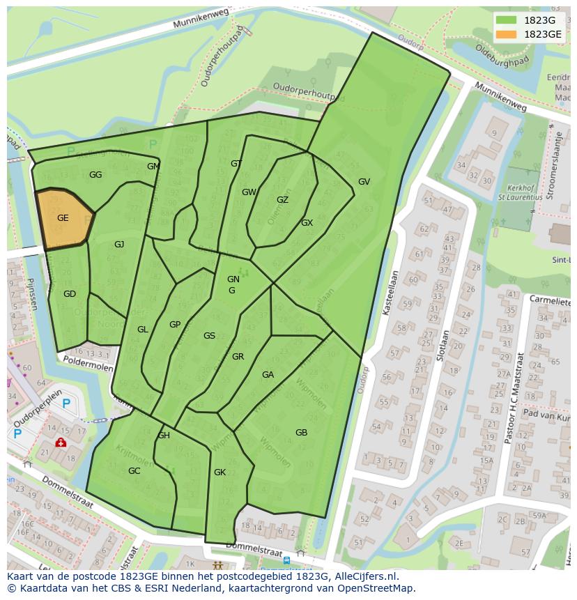 Afbeelding van het postcodegebied 1823 GE op de kaart.