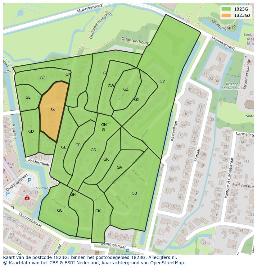 Afbeelding van het postcodegebied 1823 GJ op de kaart.