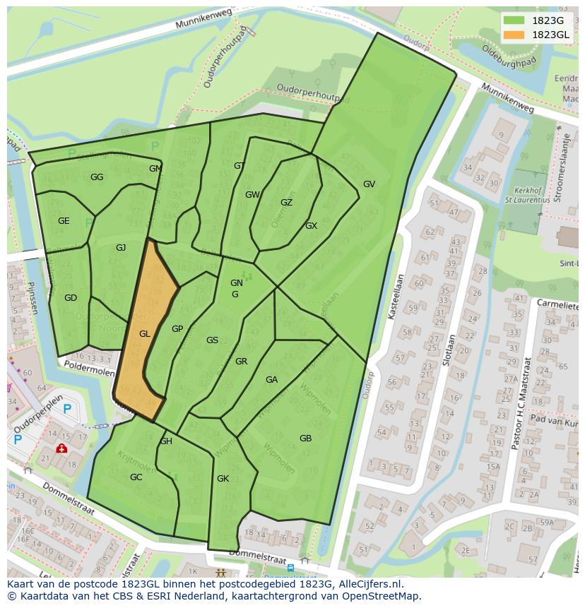 Afbeelding van het postcodegebied 1823 GL op de kaart.