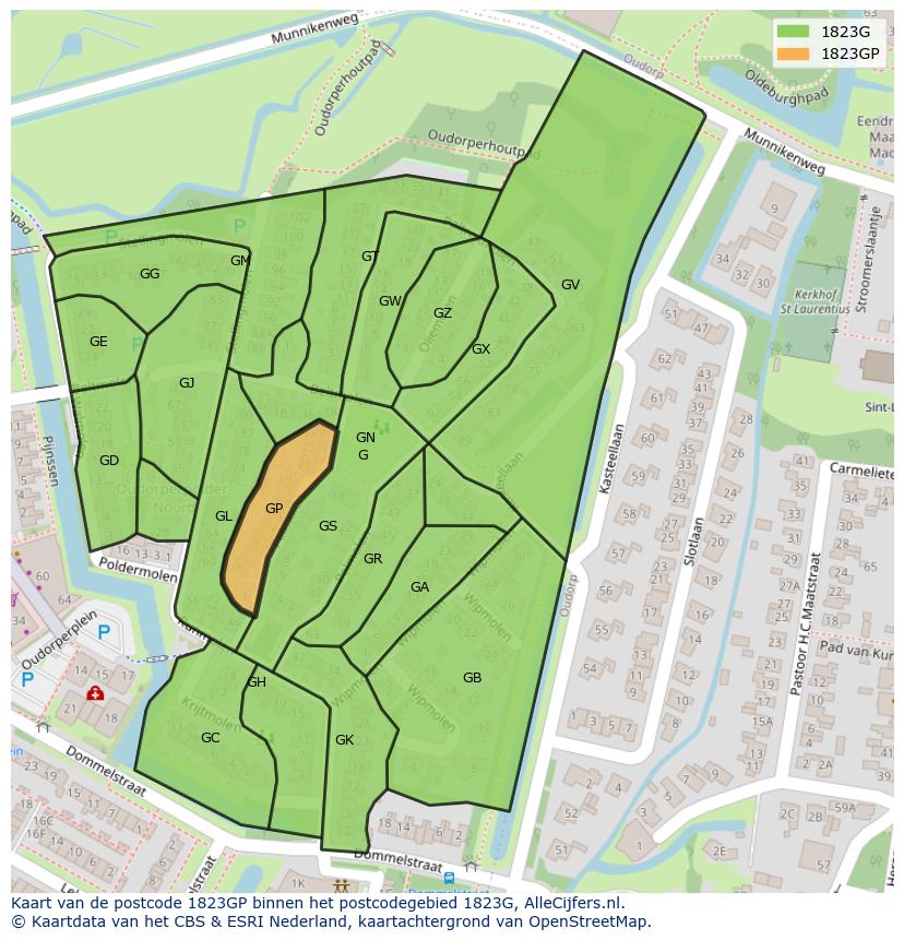 Afbeelding van het postcodegebied 1823 GP op de kaart.