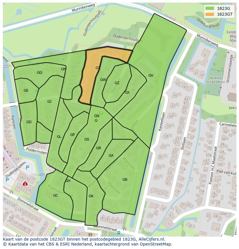 Afbeelding van het postcodegebied 1823 GT op de kaart.