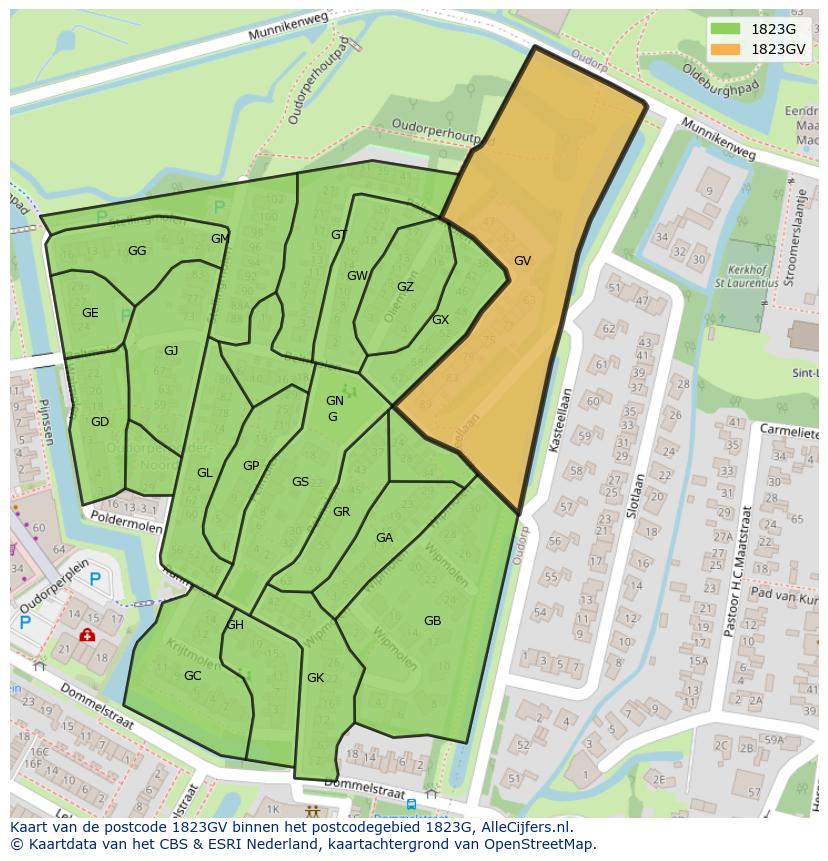 Afbeelding van het postcodegebied 1823 GV op de kaart.