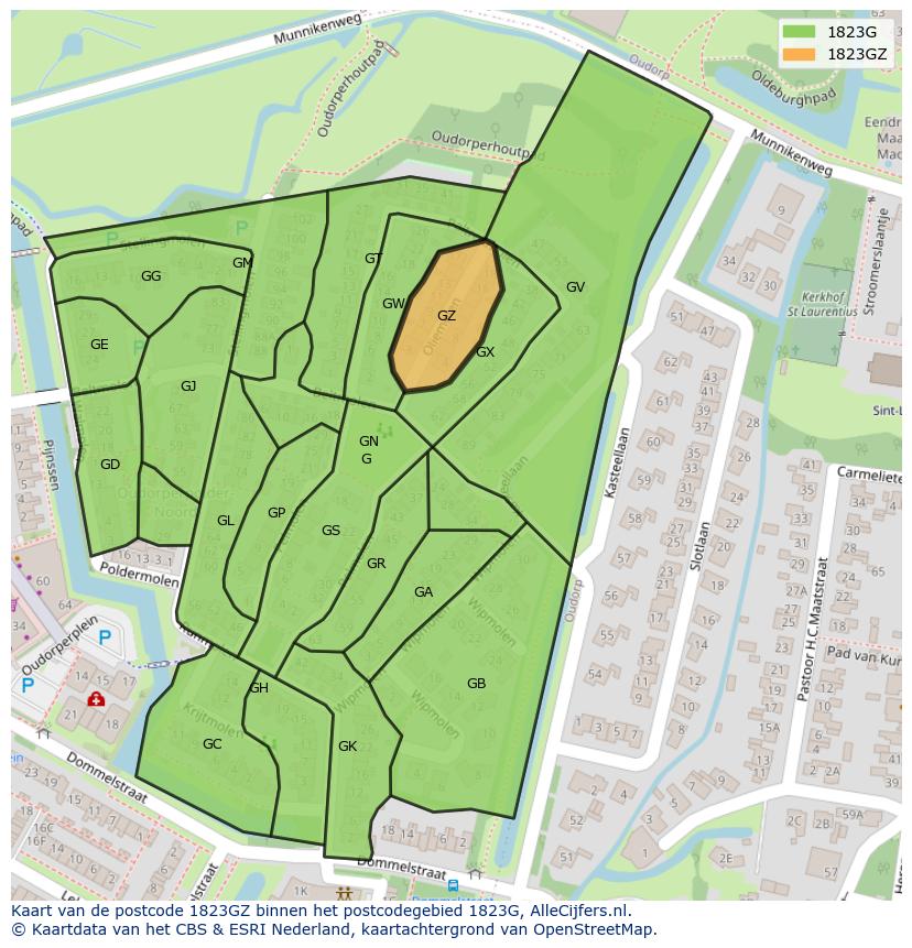 Afbeelding van het postcodegebied 1823 GZ op de kaart.