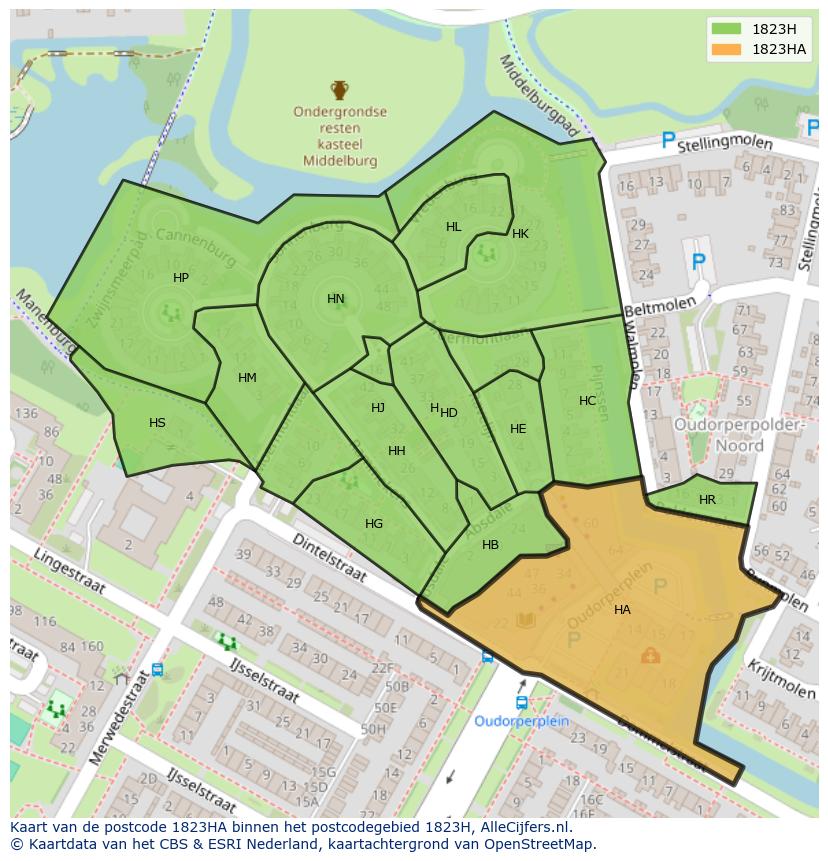 Afbeelding van het postcodegebied 1823 HA op de kaart.