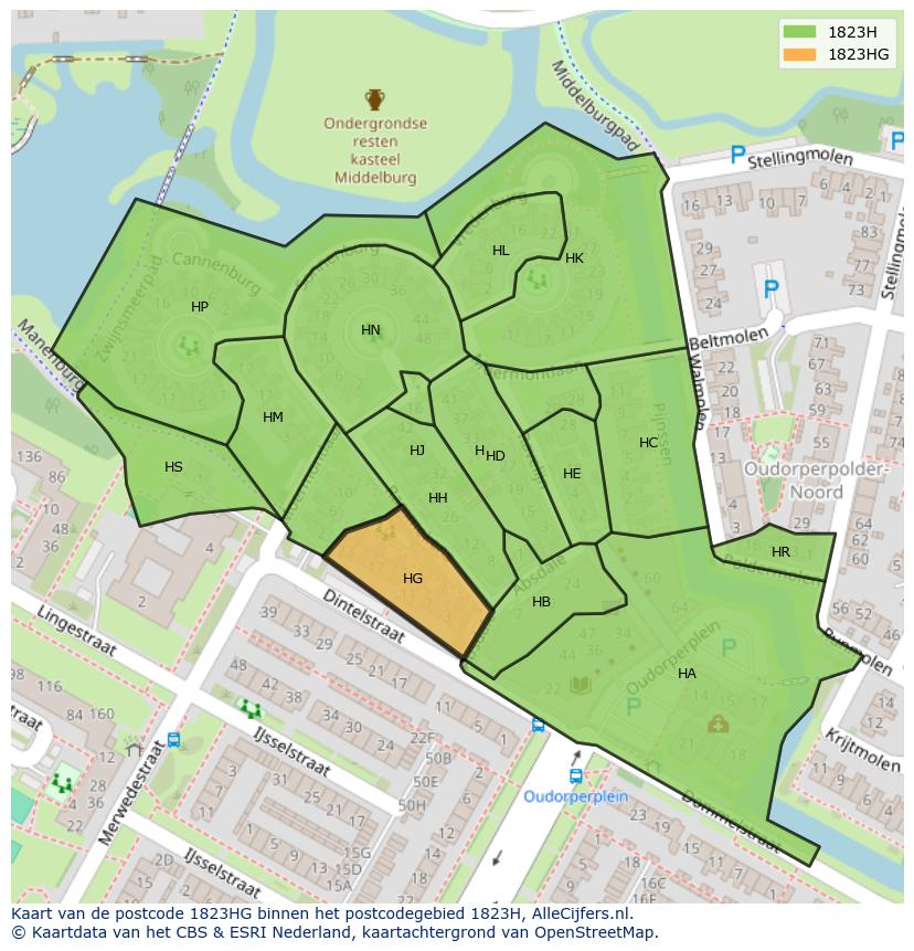 Afbeelding van het postcodegebied 1823 HG op de kaart.