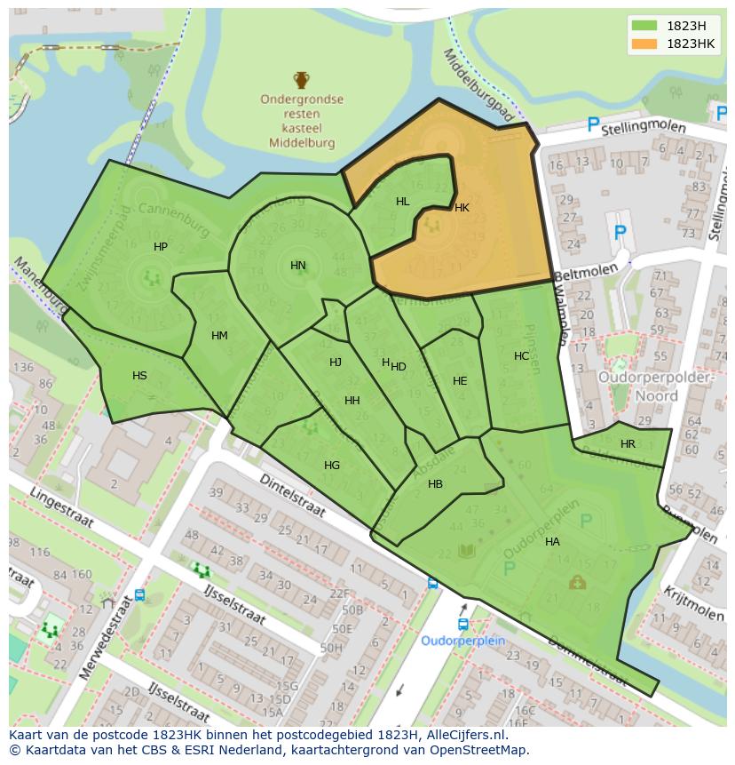 Afbeelding van het postcodegebied 1823 HK op de kaart.