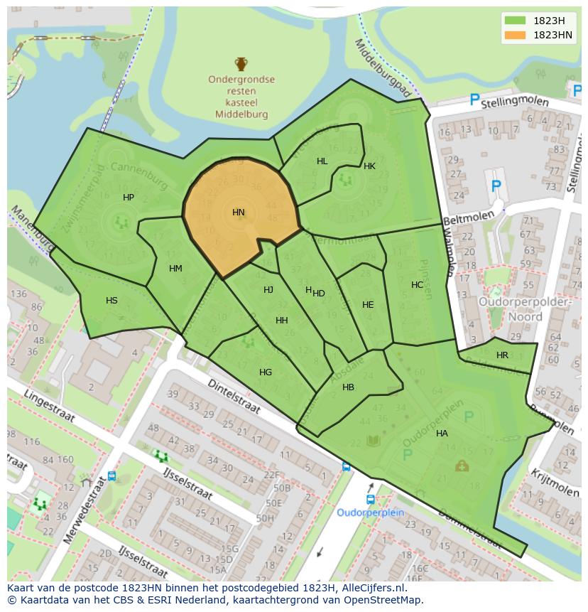 Afbeelding van het postcodegebied 1823 HN op de kaart.