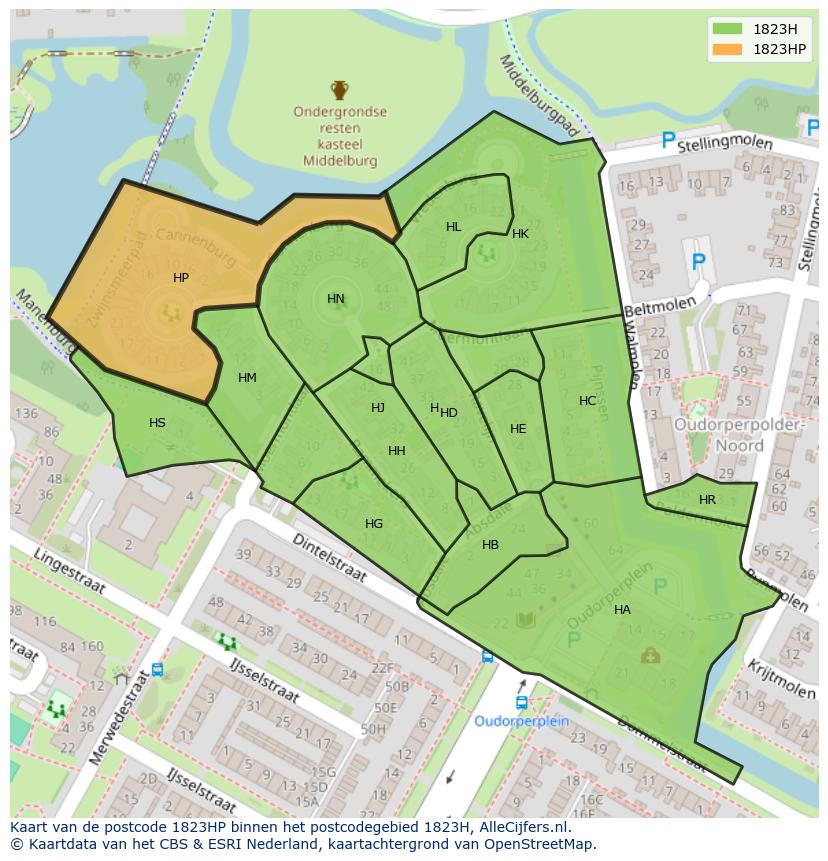 Afbeelding van het postcodegebied 1823 HP op de kaart.