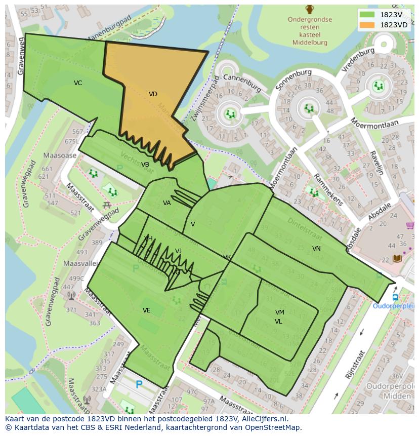Afbeelding van het postcodegebied 1823 VD op de kaart.